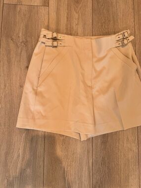White House Black Market Beige High-Waist Dressy Shorts with Buckle Detail